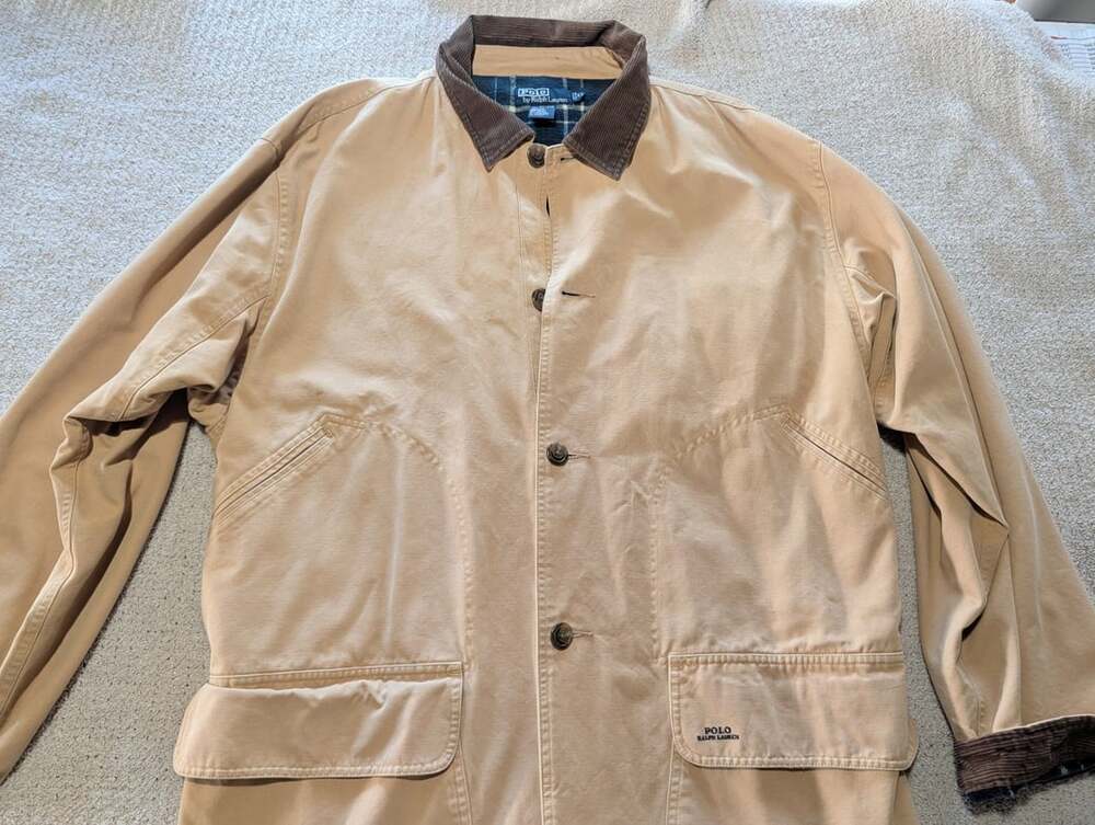 Polo Ralph Lauren XL Tan Canvas Barn Chore Field Jacket Corduroy Collar Plaid Li